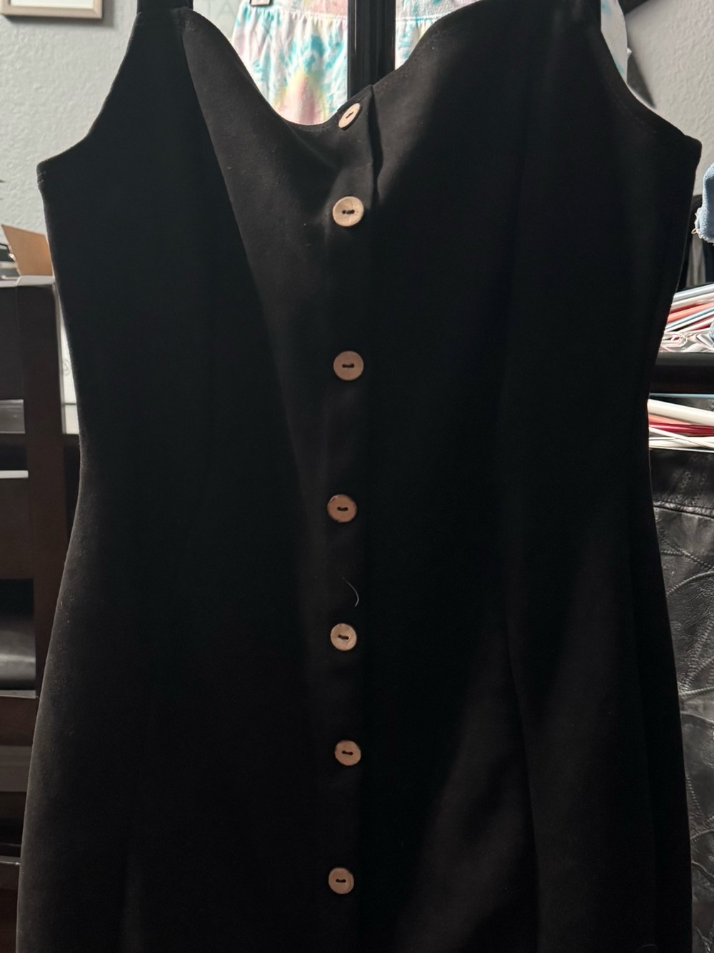 iris Black Mini Dress with Wood-Tone Buttons
